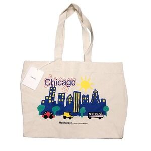 Madhappy Chicago Exclusive Wide Tote Bag City Skyline 20x15x5" Natural White NEW